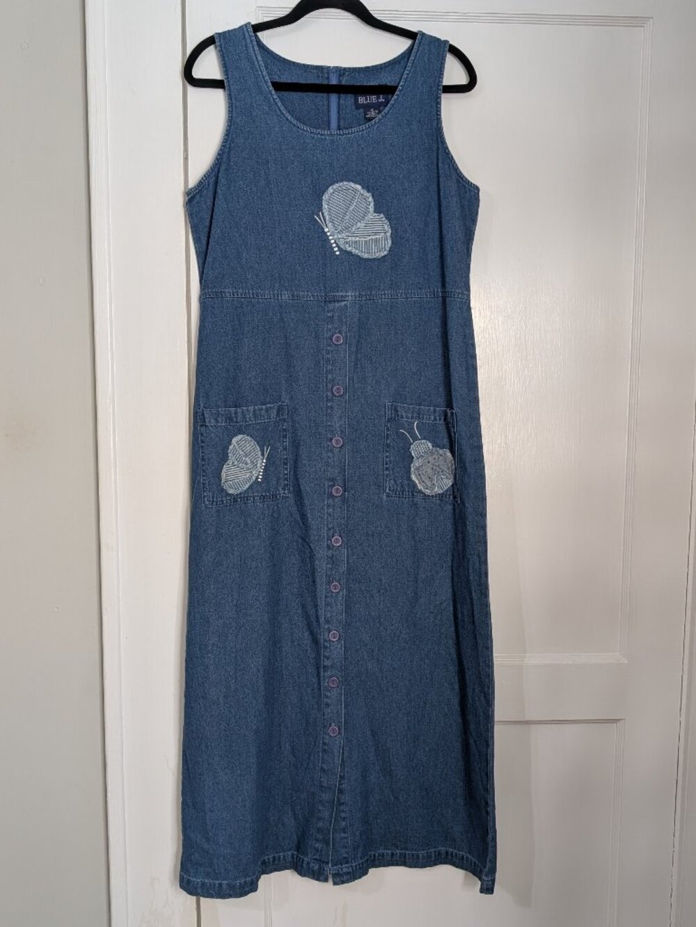 Blue J Women's M VTG Denim Button Down Sleeveless Midi Jean Dress Butterfly Y2K